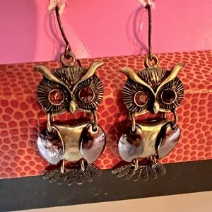 Articulating Dangle OWL earrings with orange jeweled eyes hook style